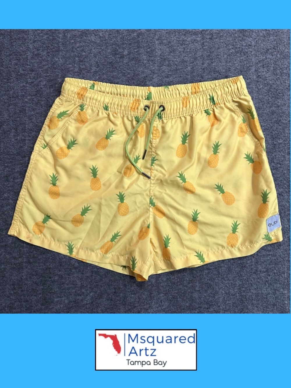 Eubi Men’s XL Yellow Pineapple Print Swim Trunks Shorts Tropical Drawstring